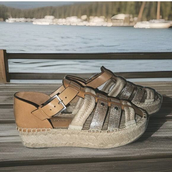 EUC TORY BURCH Fisherman Platform Espadrille Sandals Ivory Tan Leather Wedge 6.5 - Picture 1 of 12